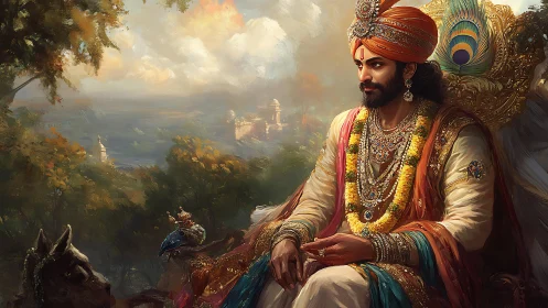 Regal Maharaja Portrait On Throne In Lush Sunset Landscape.