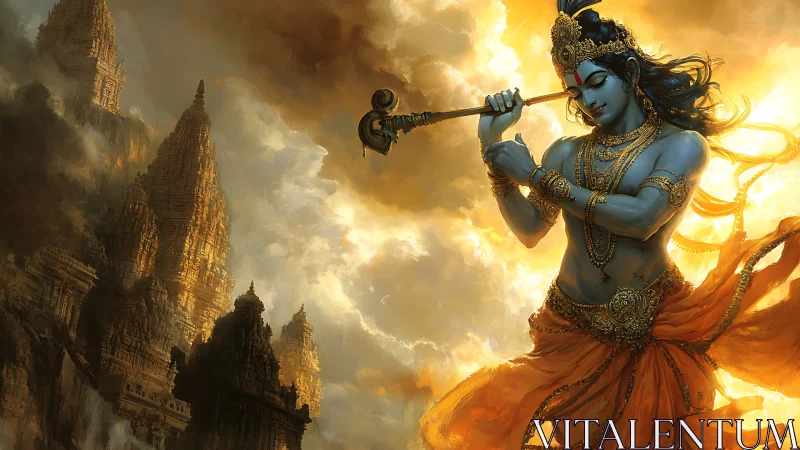 Divine blue musician framed by luminous clouds and temple spires