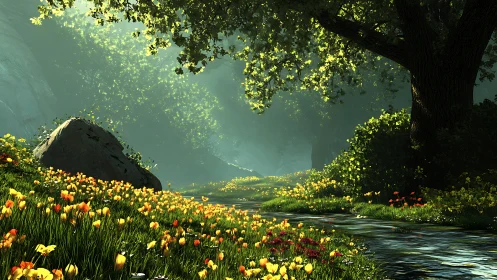 Rendered forest stream flows through dense flowers and trees
