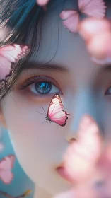Soft pink butterflies rest gently by a dreamy blue gaze