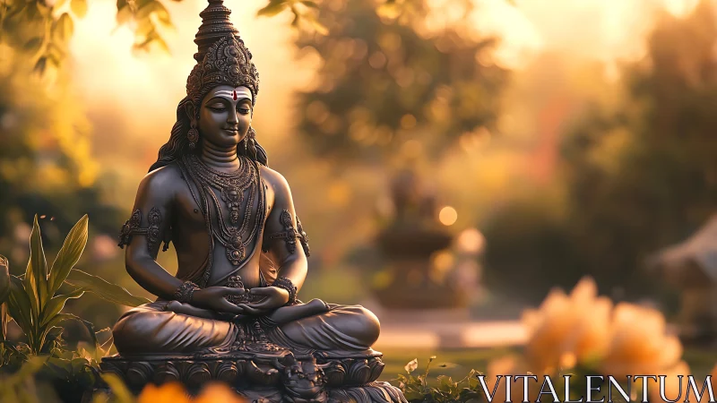 Sunlit bronze deity sculpture rendered in soft bokeh garden