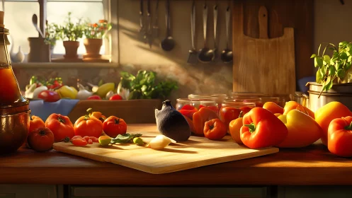 Sunlit country kitchen with tiny chef mouse on duty.