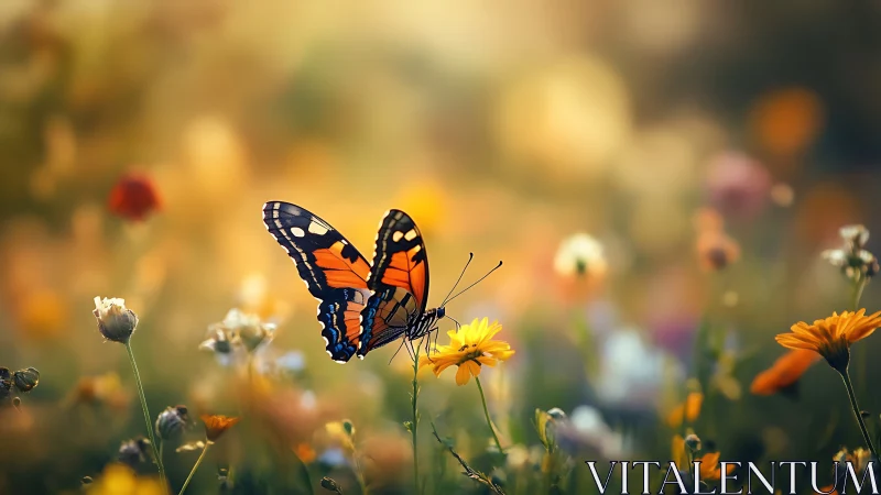 Monarch butterfly in shallow‑depth bokeh meadow study.