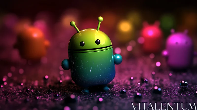 Neon android mascot glows in colorful bokeh lights.