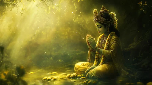 Deity figure in yellow garments seated by reflective water surface.