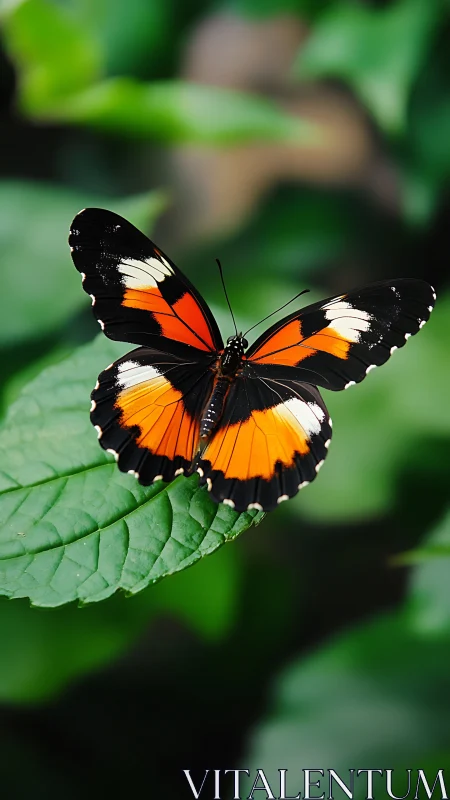 Graceful orange butterfly resting on fresh green leaves.