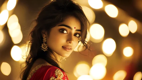 Portrait of Indian woman in warm festive bokeh lighting.