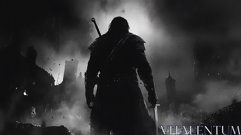 Lone armored warrior in stormlit ruined battleground silhouette.