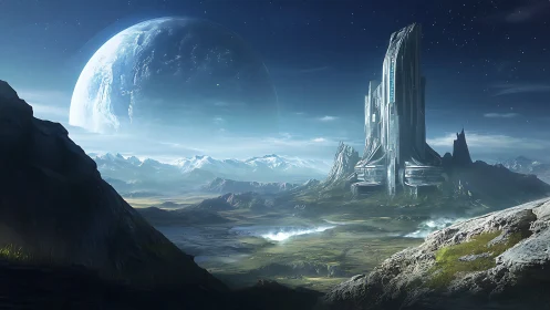 Futuristic tower rising over alien valley and planet