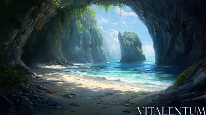 Hidden Coastal Cave Opening to Turquoise Sea and Rock Formations