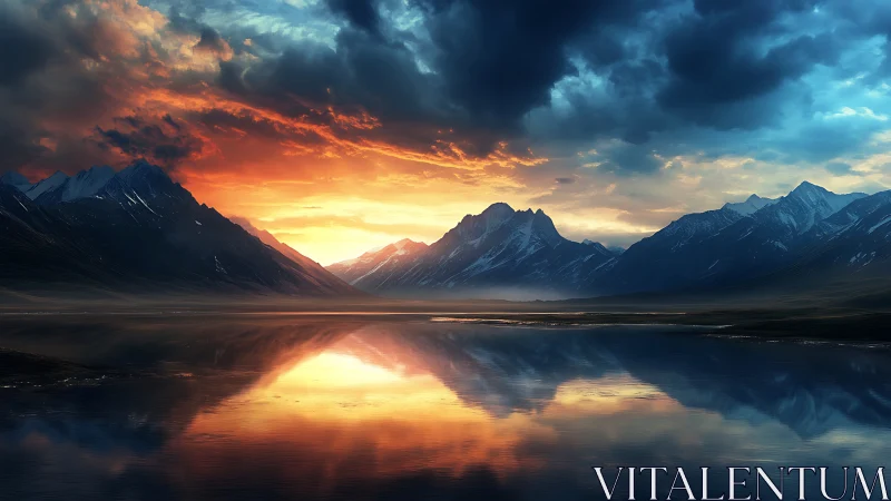 Sunset blaze over mirrored alpine lake and jagged peaks.