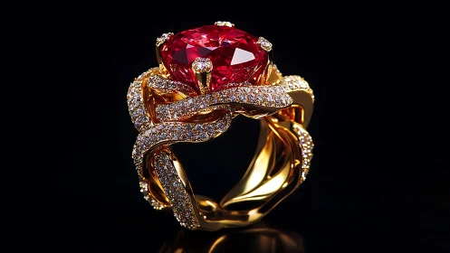 Crimson crown ring entwined with golden, diamond-lit fire.