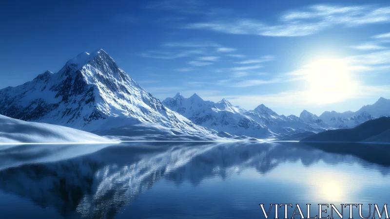 Sunlit alpine titan mirrored in glassy winter stillness.