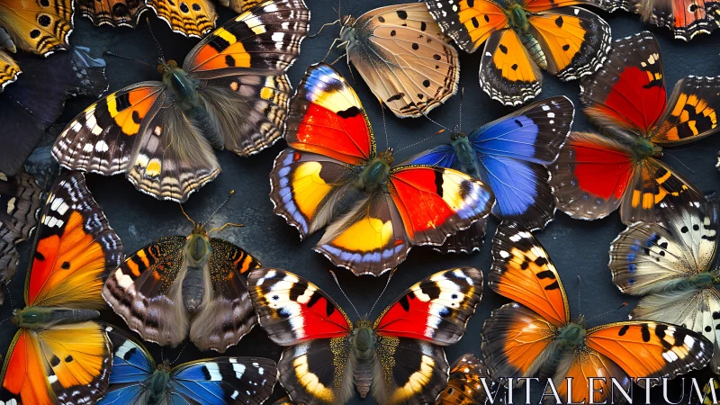 Array of multicolored butterflies arranged on dark surface.