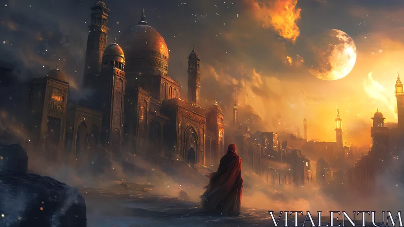 Hooded figure stands before vast domed city at sunset
