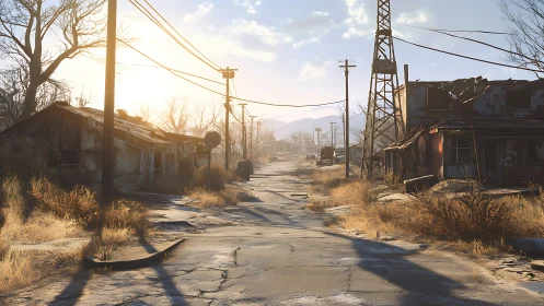 Sunlit abandoned roadway cuts through desolate ruins.