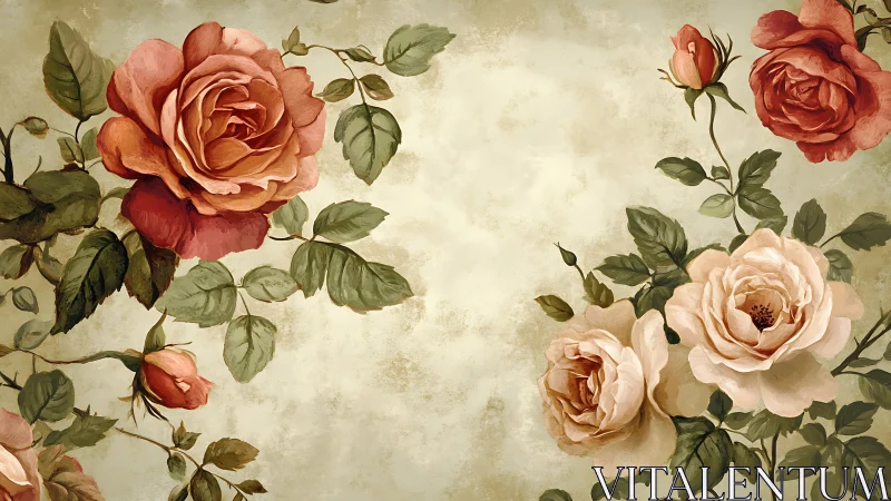 Vintage botanical rose mural with soft symmetrical framing.