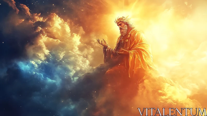 Digital painting of celestial king enthroned in radiant clouds.