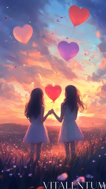 Two Girls Release Heart Balloons at Sunset Over Flower Field