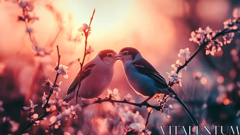 Two Feathered Hearts Share Whispered Promises Among Blossoms.