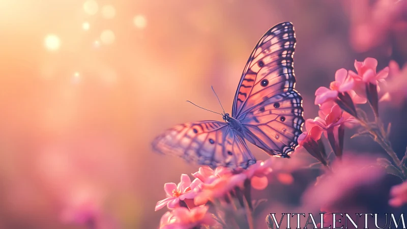 Butterfly rests on pink blossoms in dreamy sunset glow