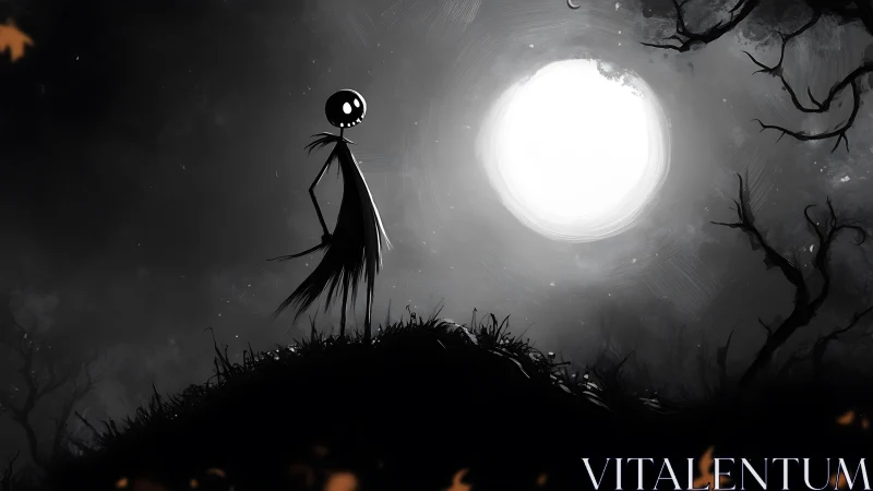 Moonlit skeletal figure on hill in monochrome mist.