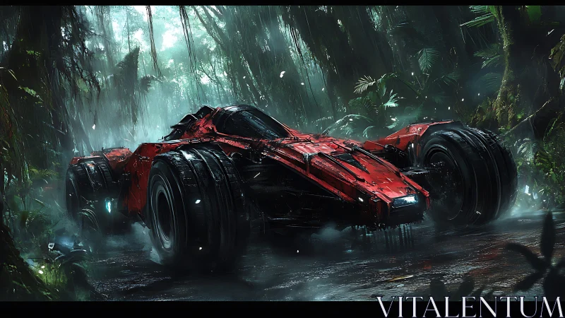 Red all-terrain cyberpunk hypercar on wet jungle roadway