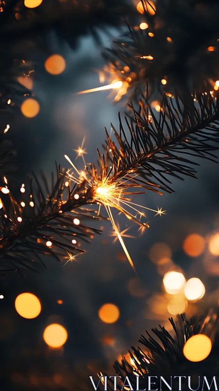 Golden sparkler ignites on evergreen branch in festive bokeh.