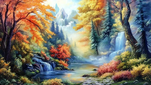 River, waterfalls and autumn forest in mountainous valley.