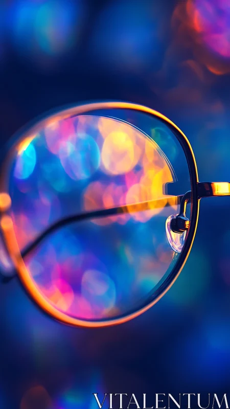 Iridescent eyeglasses macro with neon bokeh reflections.