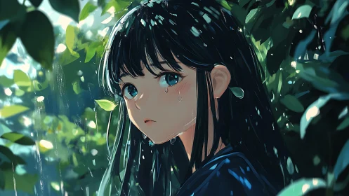 Raindrops linger as a quiet blue gaze cuts through green hush