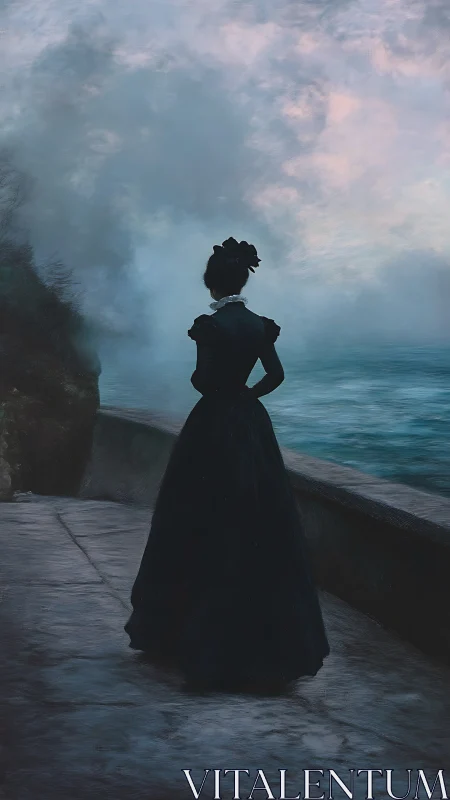 Victorian silhouette studies turbulent seaside mist in twilight