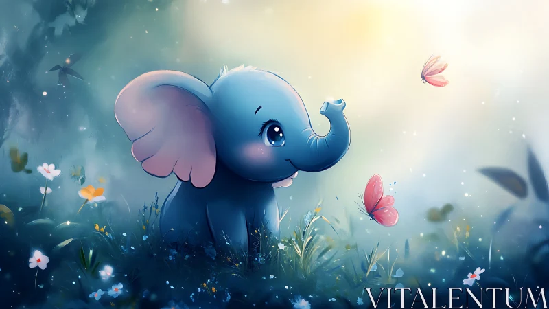 Tiny blue elephant trades shy smiles with drifting butterflies