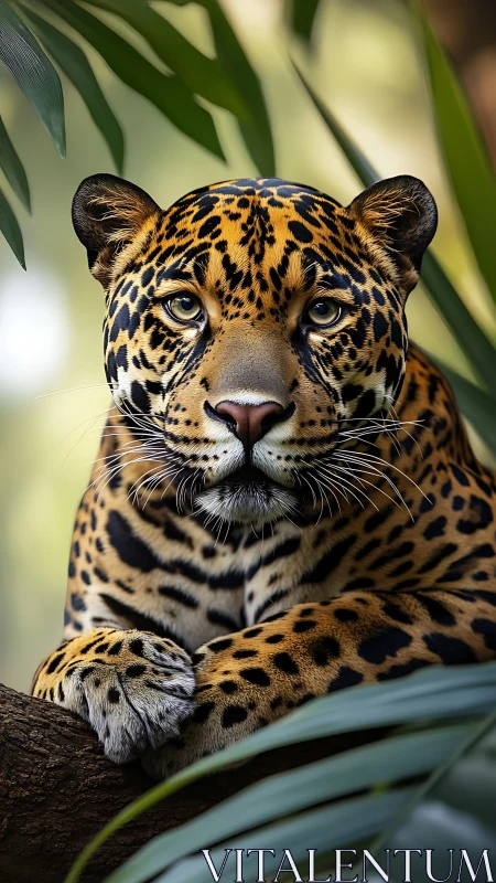 Photorealistic jaguar portrait with shallow depth of field focus.