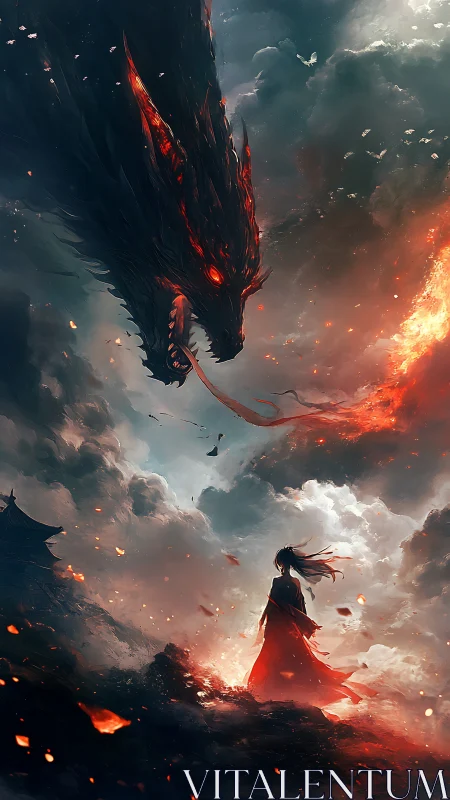 Fiery dragon confronts lone figure amid stormy burning sky