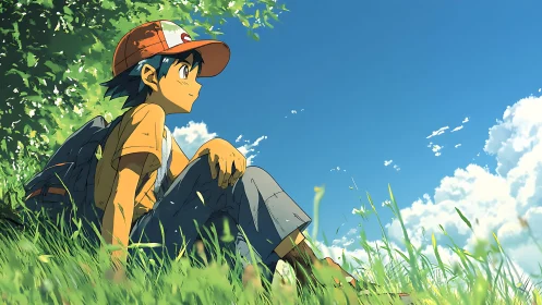 Youthful anime traveler resting in sunlit grass, wide-angle view