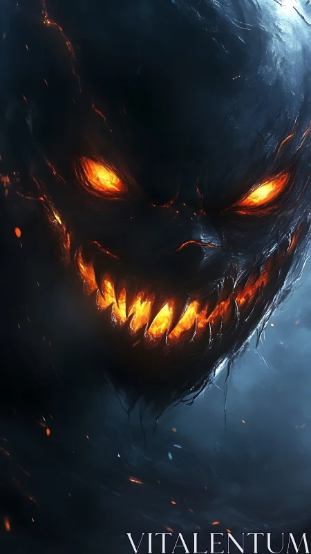 Infernal shadow demon with molten eyes and jagged grin.
