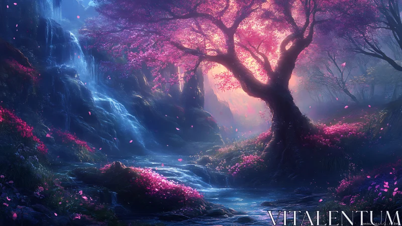 Luminescent cherry tree dominates an ethereal waterfall glade