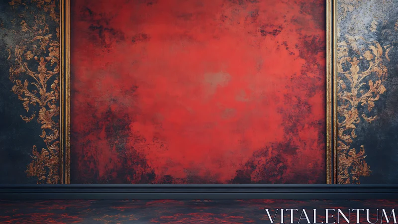 Crimson ballroom backdrop with baroque gold whispers of flame.