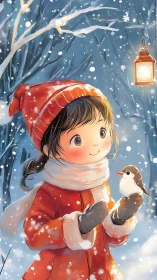 Winter girl cradles small bird under glowing lantern snow