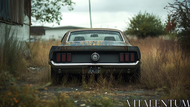Abandoned classic muscle car rests in overgrown rural lot