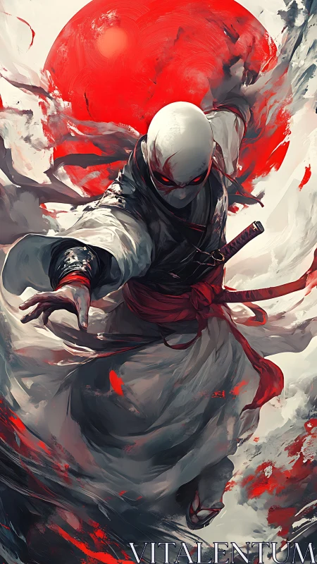 Masked warrior lunges forward before blazing red sun.