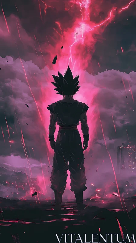 Backlit spiky-haired warrior under magenta storm lightning