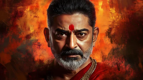 Fiery gaze of the crimson-marked elder in ritual splendor.