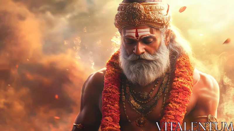 Meditating sage in firelit aura with ornate golden crown.