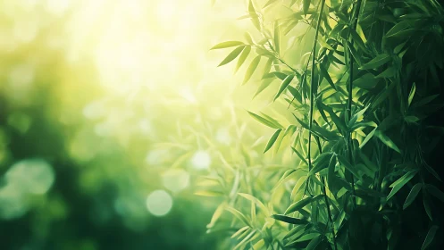 Sunlit Bamboo Leaves with Soft Green Bokeh, Nature Photography.