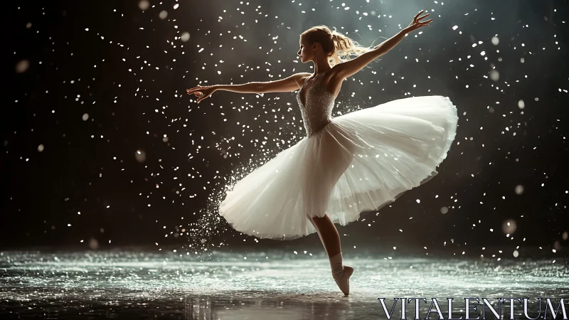 Ballet dancer performs en pointe within suspended falling particles