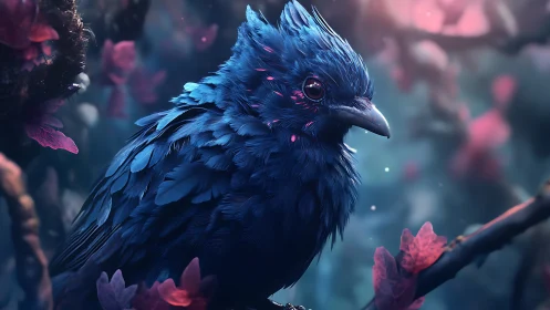 Luminous blue songbird in dreamy pink forest glow.