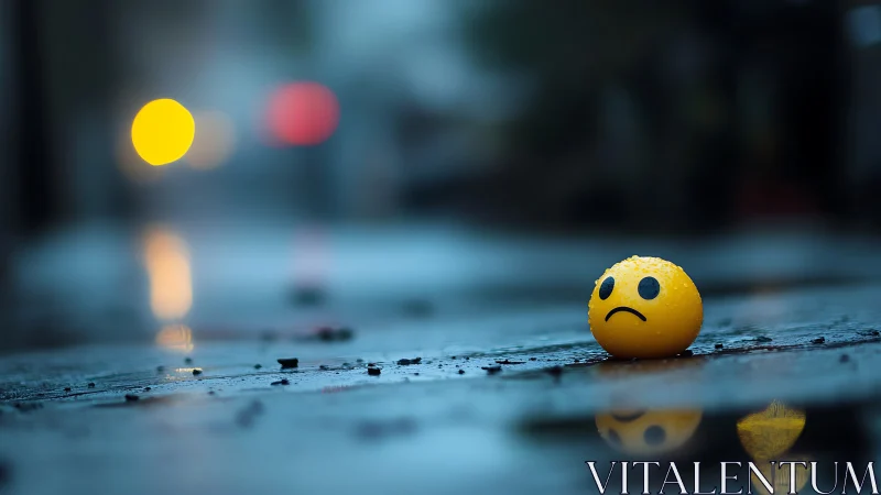 Sad yellow emoji ball on wet city street at night.