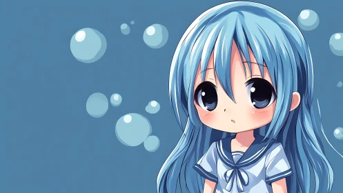 Blue haired chibi student with bubbles on blue field.